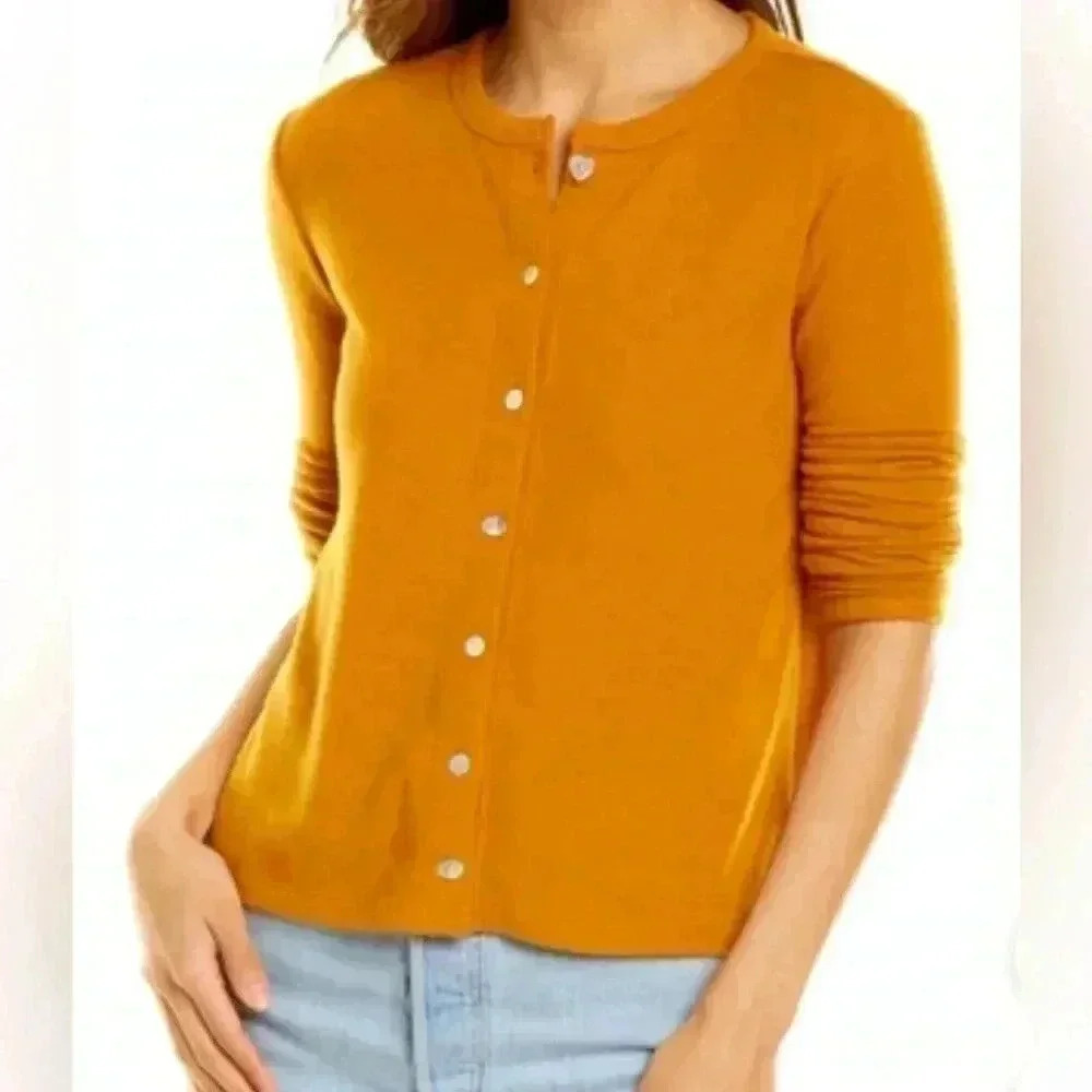 DONNI. Mustard Yellow Button-Front Crewneck Cardigan